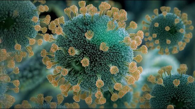 Macro virus microbe cell biology science infection pathogen pandemic disease surge, 3D render microbiology green orange spherical detailed scene, spiky virus particle microscopic structure with