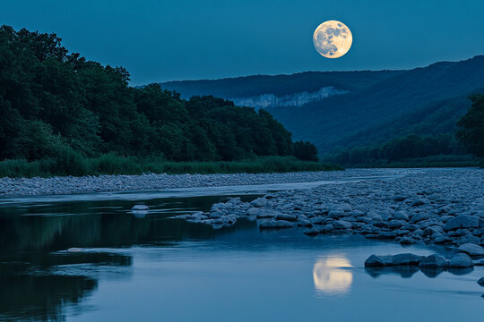 The reflection of the full moon on a peaceful mountain river - Powered by Adobe