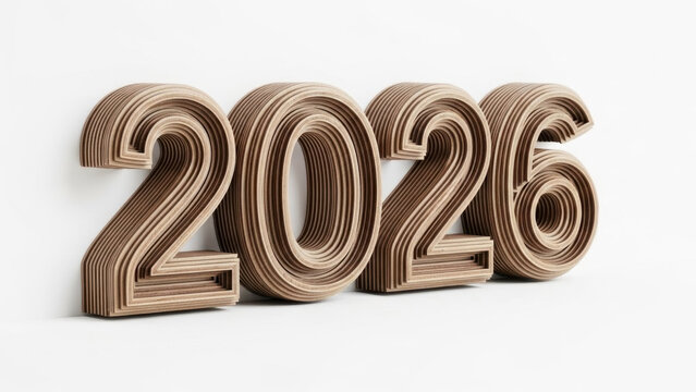 Wooden numbers 2026 arranged on a white background  