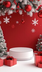 White podium with Christmas decorations on red background, mockup template for product presentation featuring round table and festive elements