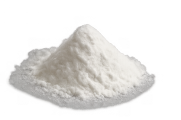 White powder pile forming a small mound, baking ingredient or cleaning agent, isolated on transparent background