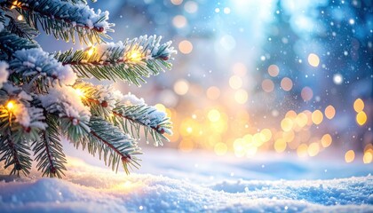 Christmas Glow: A snow-covered evergreen branch, adorned with twinkling lights, evokes the magic of the holiday season, with a serene snowy backdrop. 