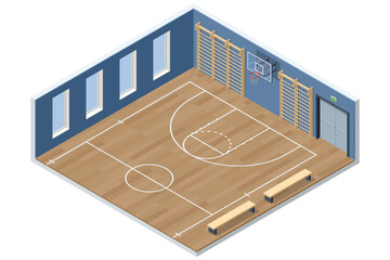 Basketball court. Isometric outdoor basketball court with bleachers, trees, scoreboard, and adjacent parking area. Detailed sports facility illustration.