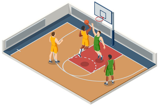 Isometric illustration of a basketball player in an orange uniform jumping hand on the ball to make a powerful shot toward the hoop. Dynamic sports action moment. Basketball court