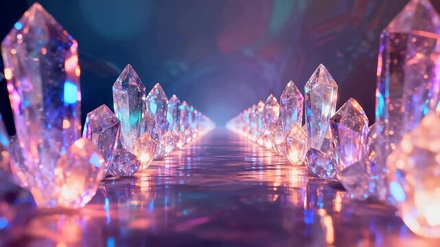 Glowing crystal formations in a reflective path