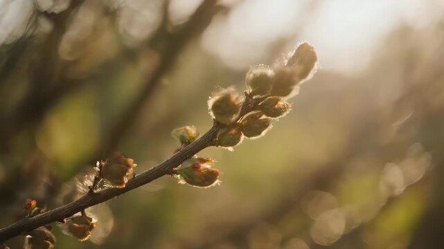 Sunlight bathes budding willow branches, the soft, emerging flora of spring. the warm backlight and soft focus evoke a serene, natural atmosphere ideal for seasonal and nature-themed designs.