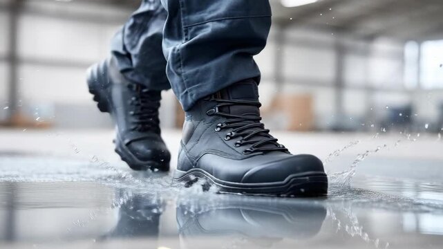 Low angle view of a person wearing durable work boots, splashing through shallow water on a reflective industrial floor.