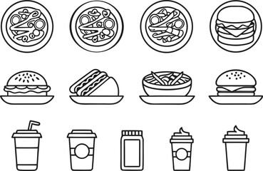 Food Clipart Set in Outline Strokes. Simple Food Outline Clipart Collection. Clean Food Illustration Set in Line Art. Food Elements Pack in Thin Outlines. Minimal Food Clipart in Smooth Strokes