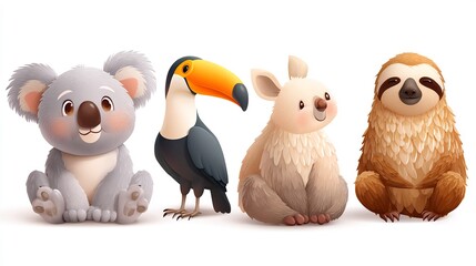 Naklejka premium Cute Cartoon Tropical Animals Isolated on White.