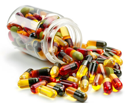Multicolor capsule pills spilling from a clear bottle on a white background