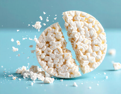 Crisp puffed rice cake breaking in half. healthy diet snack food full of texture and detail exploding against clean modern blue background for light, airy feeling