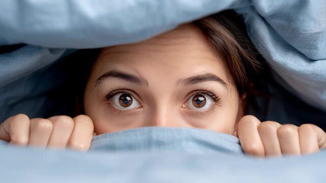 Close-up of a person's wide, fearful eyes peeking from under a blue blanket, looking left, right, closing, and opening again, conveying shyness or surprise.