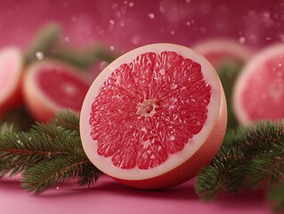 Macro Closeup of a Fresh Cut Grapefruit Half with Evergreen Pine Branches on a Vibrant Pink Background for Holiday Season Promotion