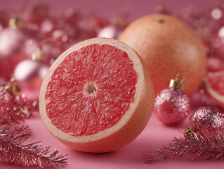 Refreshing Citrus Grapefruit Halved Pulp Displayed with Sparkling Holiday Season Festive Decorations Against a Vibrant Background
