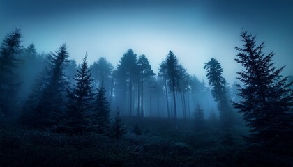 Dark Forest At Dusk With Tall Trees And Mist