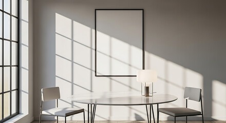 Bright dining room interior with round table, chairs and blank frame mockup