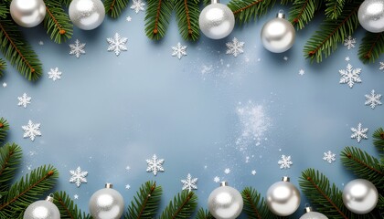 Festive holiday decorations with silver ornaments and snowflakes cozy winter setting aerial view celebratory atmosphere