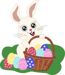 Easter bunny with basket of colorful eggs