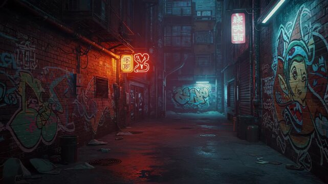 Dark Urban Alleyway at Night with Graffiti on Brick Walls Lit by Neon Signs and Street Lights with Pixel Art Style and Wet Pavement Optimized for Adobe Stock