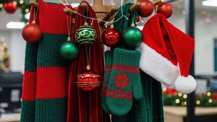 Cozy Christmas decorations featuring a Santa hat, striped scarf, and mittens brightening up an office environment for the holidays