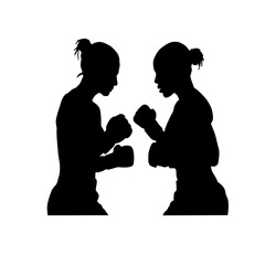 Silhouette of two women boxing against a white background
