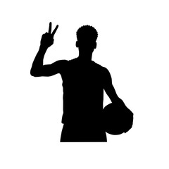 Basketball player silhouette making peace sign holding ball