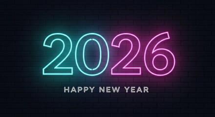 Vibrant neon 2026 happy new year illustration on dark background