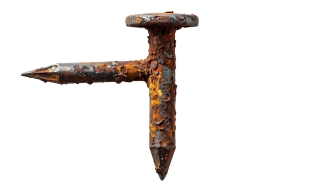 Aged Construction Nail with Severe Rust and Patina – High-Resolution PNG