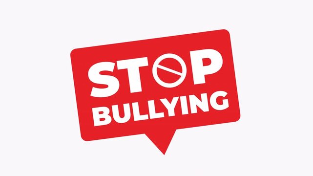 Red speech bubble with white text stop bullying suitable for anti bullying campaigns, educational materials, awareness raising content, and support networks.