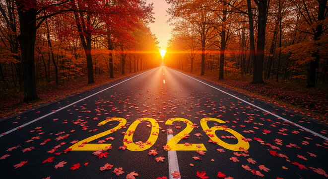 Road with autumn trees and sunlight. Yellow numbers 2026 and red leaves. Represents travel, journey, and time, evoking a sense of transition and season.