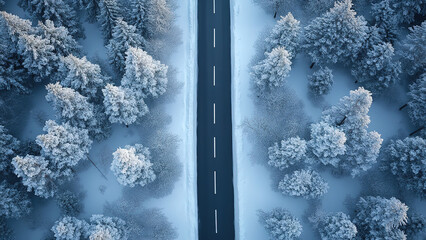 road in the middle of snow fir forest trees background, highway, winter 