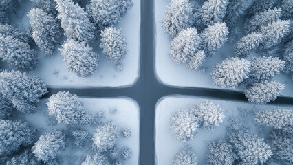 road in the middle of snow fir forest trees background, highway, winter 