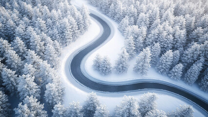 road in the middle of snow fir forest trees background, highway, winter 