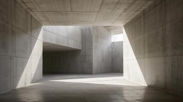 Concrete architectural space with geometric openings and soft natural light creating modern structural depth inside a minimal interior setting