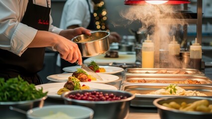 The art of culinary plating as a professional chef carefully adds the final touch of sauce to a gourmet dish in a restaurant