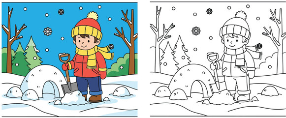 Coloring book page with colored example of a cute boy building an igloo with a shovel in a winter landscape, vector illustration for kids education and fun