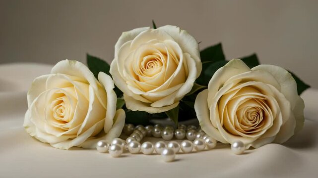 Three Cream Roses and Pearl Necklace on Beige Fabric