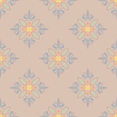 Colorful geometric pattern with flowers shapes and soft pastel hues on a neutral background