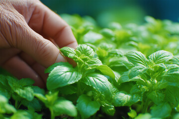 Hand gently touching fresh green basil leaves in a garden, symbolizing organic farming, aromatic herbs, sustainability and natural plant care in soft sunlight.