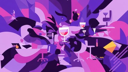 A dynamic and abstract illustration of a modern office celebration, featuring a dreamy, ethereal aesthetic with bold patterns