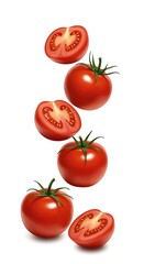 Fresh ripe tomatoes arranged creatively on a white background for design