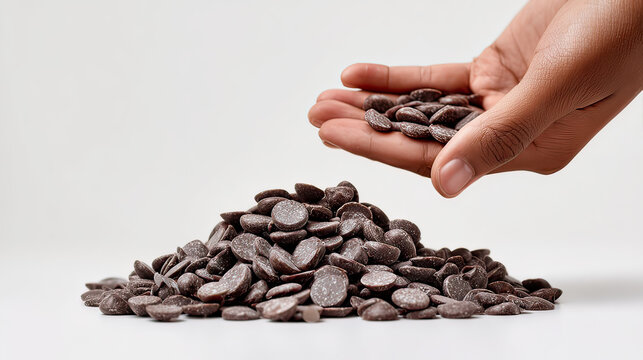 Hand grasping a cluster of small chocolate chips with crumbs on transparent background
