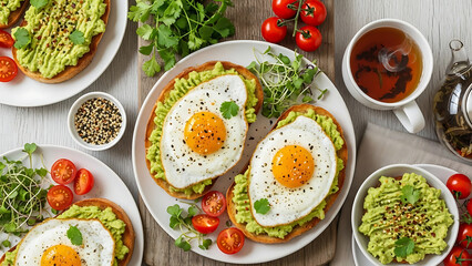 A healthy and delicious breakfast spread featuring freshly made avocado toast with sunny-side-up fried eggs, microgreens, and cherry tomatoes