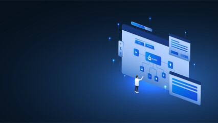 AI workflow automation artificial intelligence. AI workflow automation artificial intelligence. Businessman using AI agent automation system on screen dashboard.