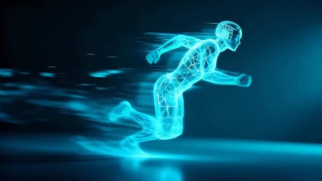 Running humanoid robot in blue light