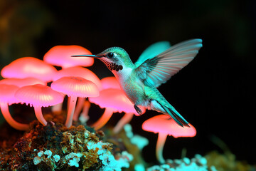 Fototapeta premium tiny hummingbird hovering over cluster of bioluminescent mushrooms