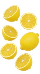 Fresh Yellow Lemons Sliced and Whole on White Background Group Shot