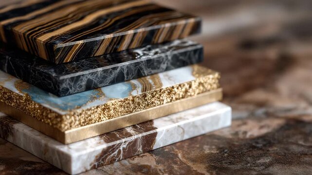 326Macro shot of layered stone and ceramic samples, polished and matte finishes, intricate natural patterns, close-up capturing tactile quality