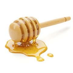 Golden honey dripping from wooden dipper on white background closeup
