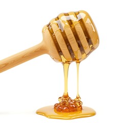 Golden honey dripping from wooden dipper on white background studio shot